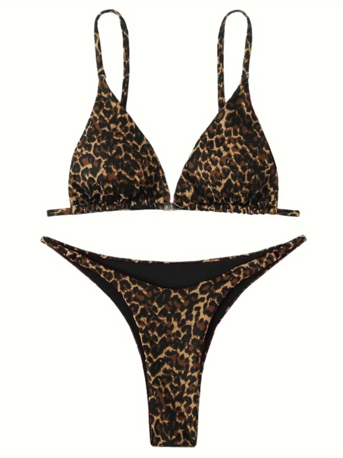 Bikini brésilien sans armatures imprimé léopard noir à plat sur fond clair, bretelles fines réglables et slip échancré
