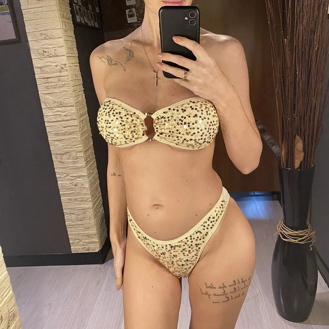5 Colors Sequins Shiny Bling Women Swimwear Bandeau Bikini Female Swimsuit Two-Pieces Bikini Set Bather Bathing Suit Swim V7311