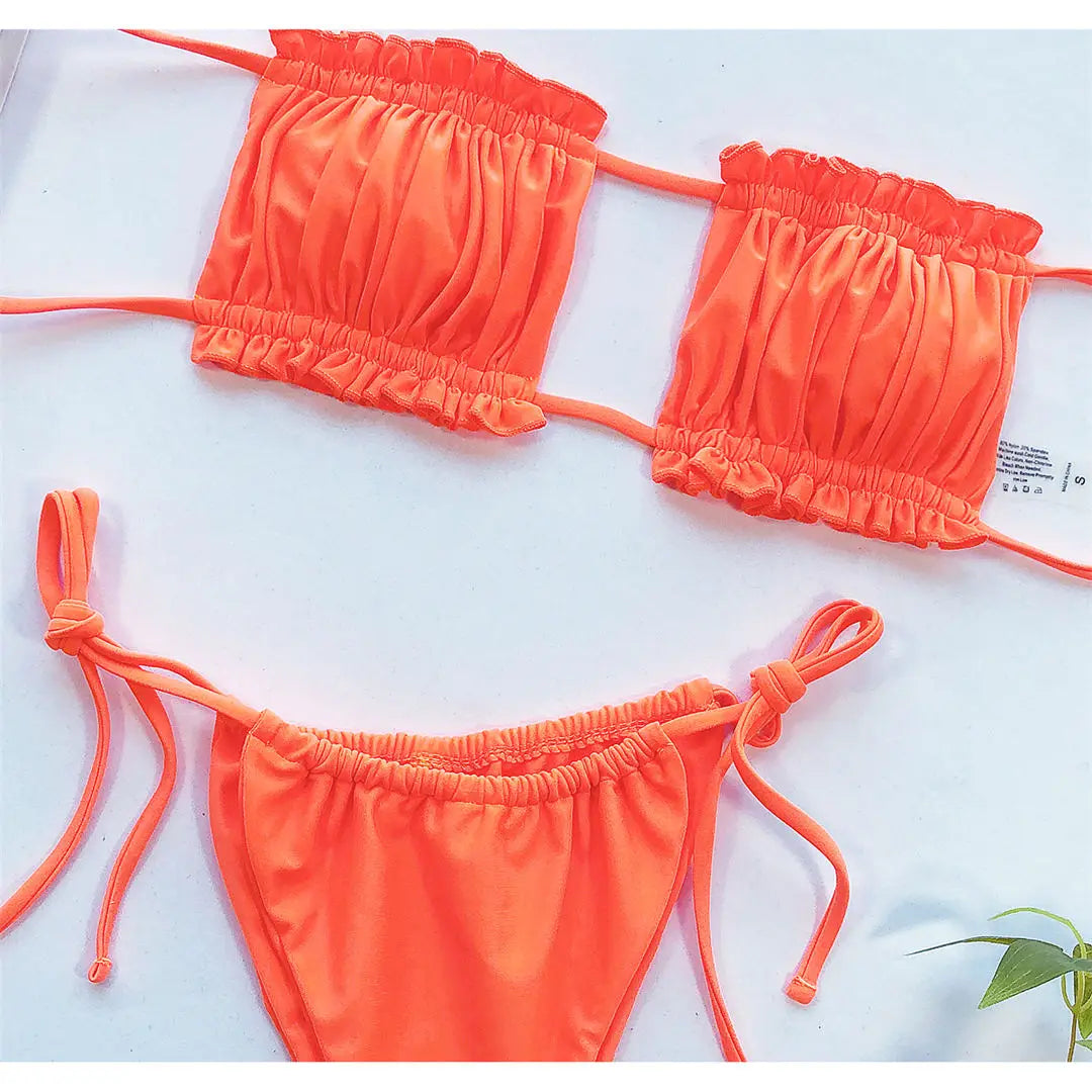 Sexy Leopard Bandeau Brazilian Bikini Swimsuit Female Swimwear Women Two-Pieces Bikini Set Pleated Bather Bathing Suit V1242L