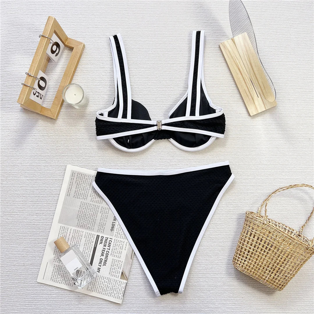 Sexy Splicing Underwired High Leg Cut Bikini Female Swimsuit Two-Pieces Bikini Set Women Swimwear Bather Bathing Suit Swim V6803