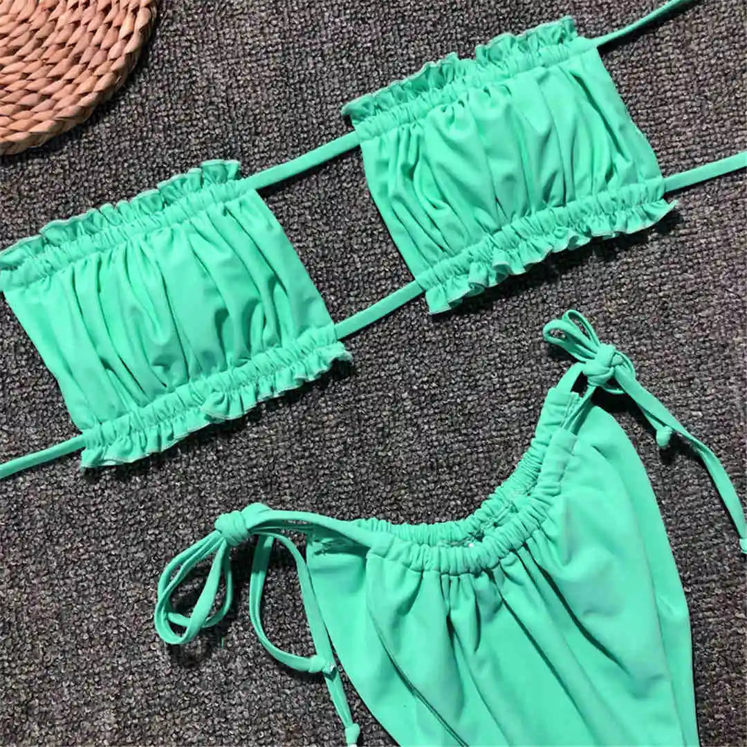 Sexy Leopard Bandeau Brazilian Bikini Swimsuit Female Swimwear Women Two-Pieces Bikini Set Pleated Bather Bathing Suit V1242L