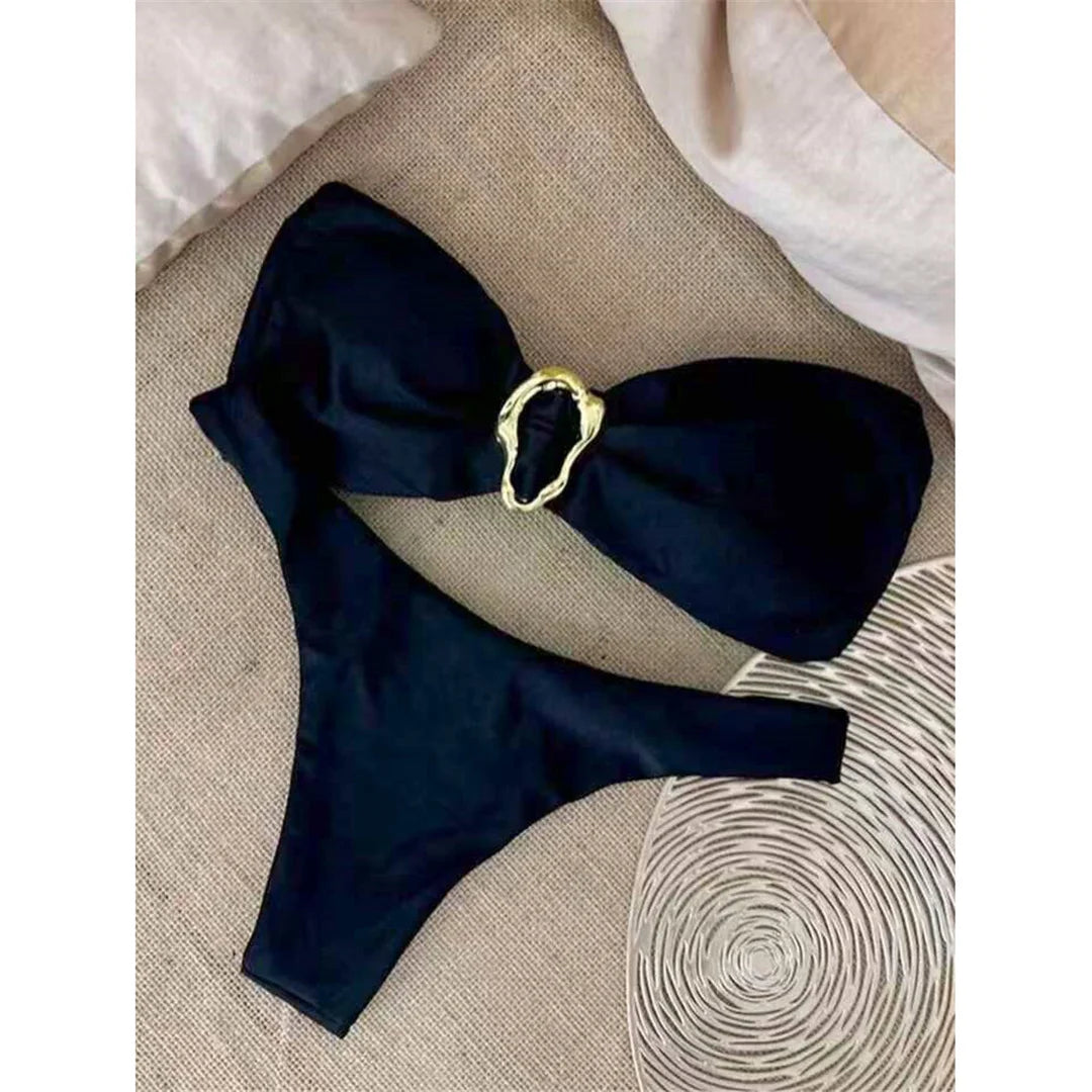 7 Colors Bandeau Metal Ring Brazilian Bikini Female Swimsuit Women Swimwear Two-Pieces Bikini Set Bather Bathing Suit Swim V6516