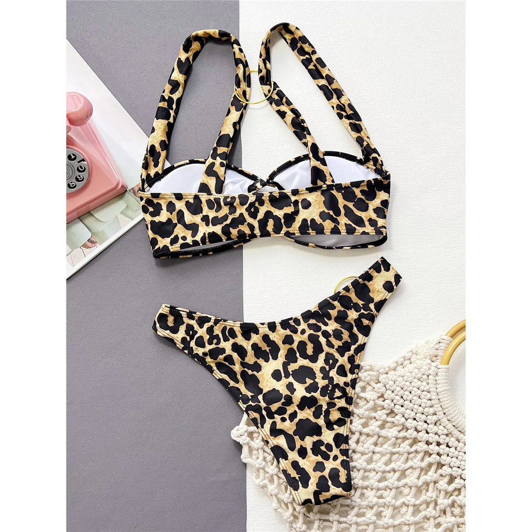 Leopard Printed Metal Ring Mid Waist Bikini Female Swimsuit Women Swimwear Two-Pieces Bikini Set Bather Bathing Suit Swim V4453