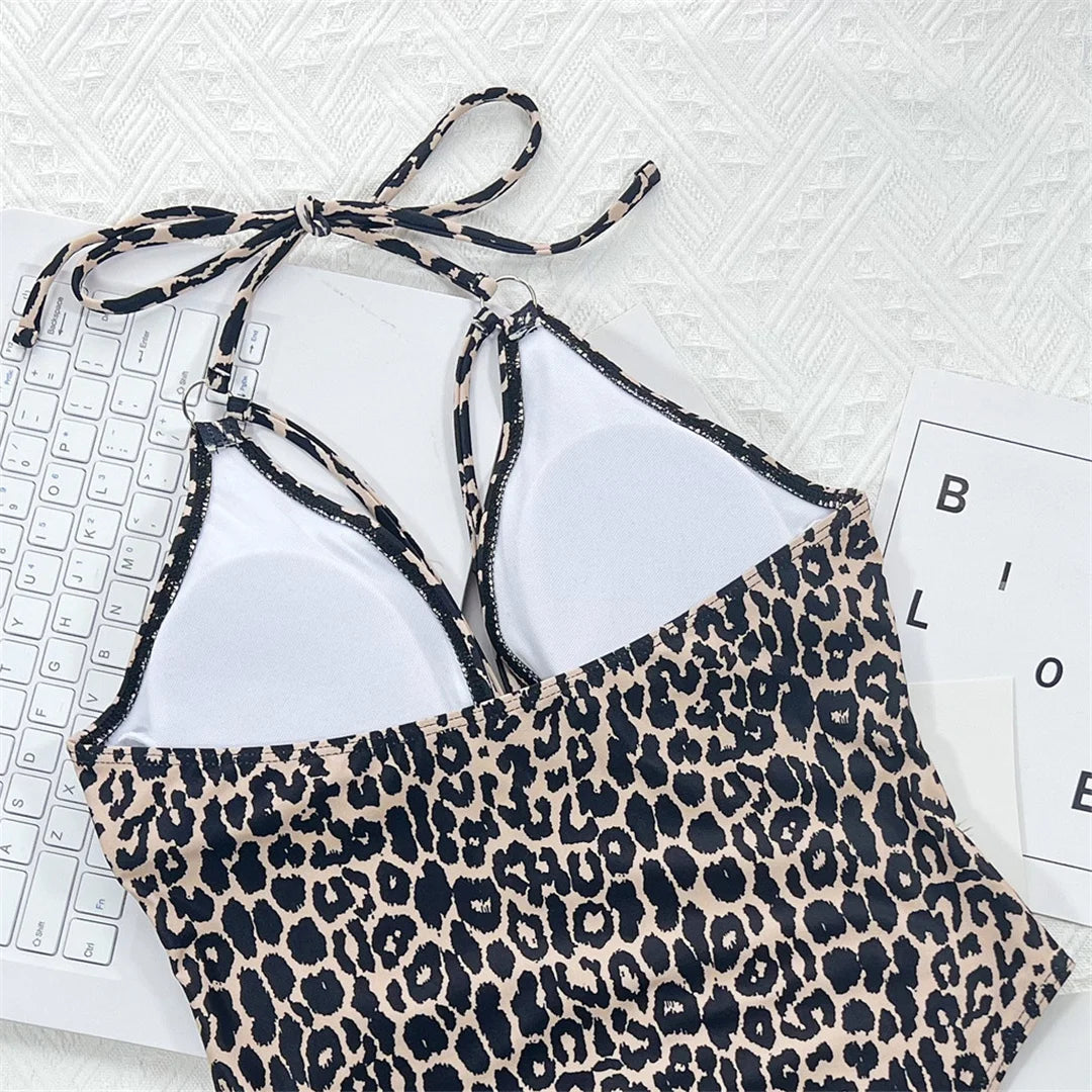 Leopard Metal Rings Halter Cut Out Monokini Women Swimwear One Piece Swimsuit Female High Leg Cut Bather Bathing Suit Swim V3752