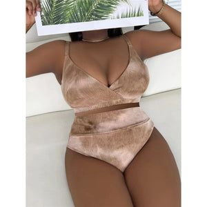 Bikini taille haute côtelé grande taille tie-dye marron clair