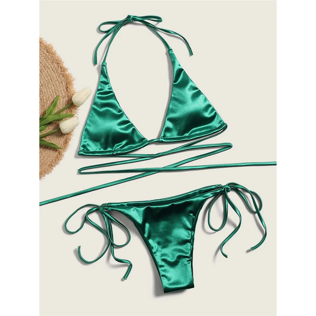 Sexy 13 Colors Halter Satin Brazilian Bikini Women Swimwear Female Swimsuit Two-Pieces Bikini Set Bather Bathing Suit Swim V4966