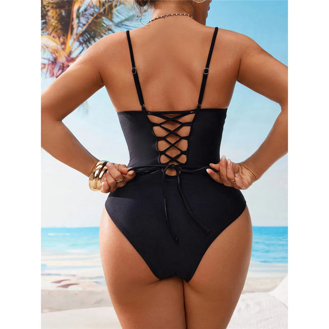 S - XL V Neck Tummy Control Women Swimwear One Piece Swimsuit Female Lace Up High Leg Cut Padded Bather Bathing Suit Swim V7547