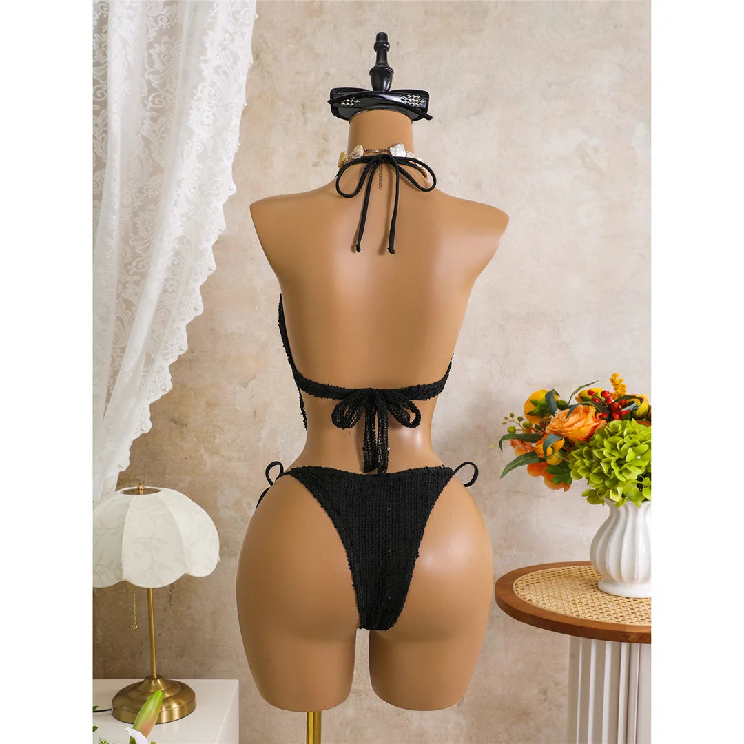 New Hollow Out Tankini Halter Bikini Female Swimsuit Women Swimwear Two-Pieces Bikini Set Strappy Bather Bathing Suit Swim V8076