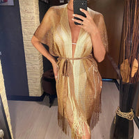 Sexy With Belt Fringe Tassel Crochet Knitted Tunic Beach Cover Up Cover-ups Beach Dress Beach Wear Beachwear Female Women V4649