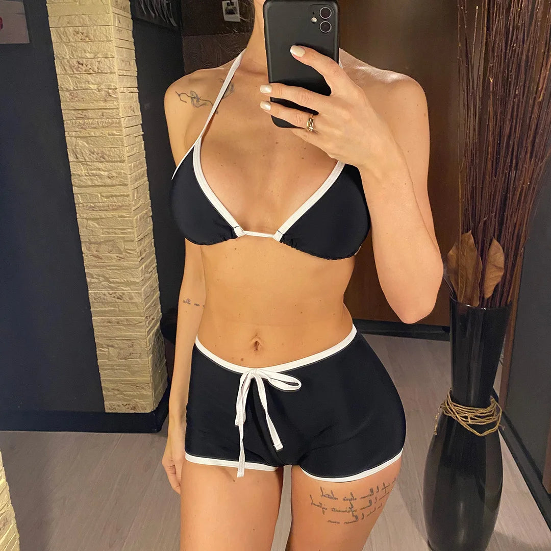 New Sexy Splicing Halter Bikini Female Swimsuit Women Swimwear Two-Pieces Bikini Set Beach Shorts Bather Bathing Suit Swim V5226