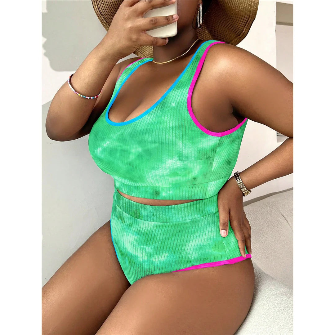 0XL - 4XL New Tie Dye Bikini Large Size Swimwear Plus Size Women Swimsuit Female Two-Pieces Bikini Set Bather Bathing Suit V5948