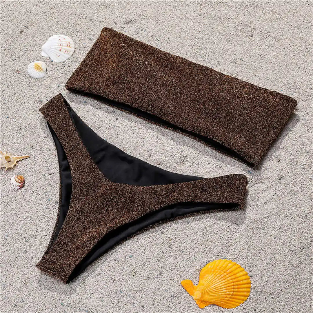 Glitter Sparkling Strapless Bikini Female Swimsuit Women Swimwear Two-Pieces Bikini Set Bandeau Bather Bathing Suit Swim V2236
