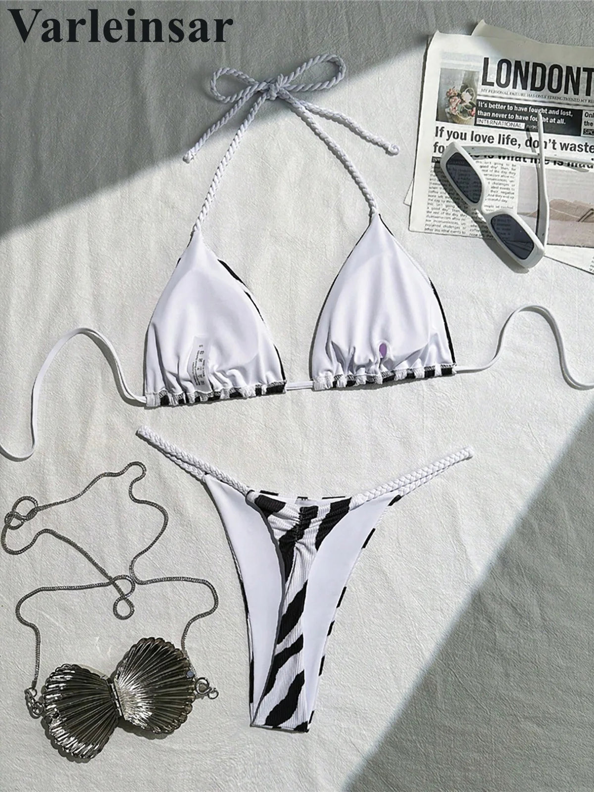 XS - L Zebra Halter Mini Thong Bikini Women Swimwear Female Swimsuit Two-Pieces Bikini Set Padded Bather Bathing Suit Swim V6759