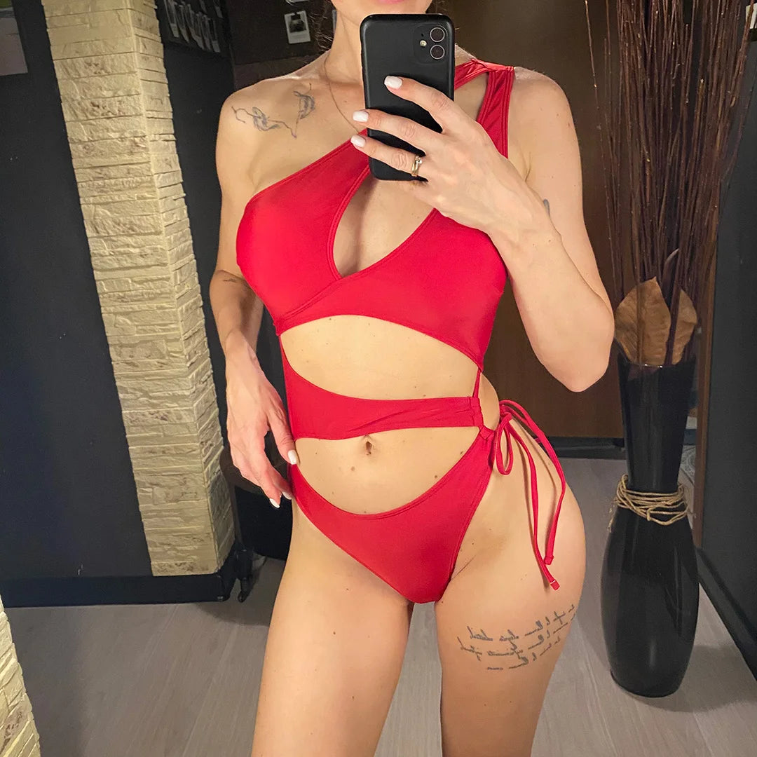 Cut Out Asymmetric One Shoulder One Piece Swimsuit Women Swimwear Female Monokini High Leg Cut Bather Bathing Suit Swim V6254