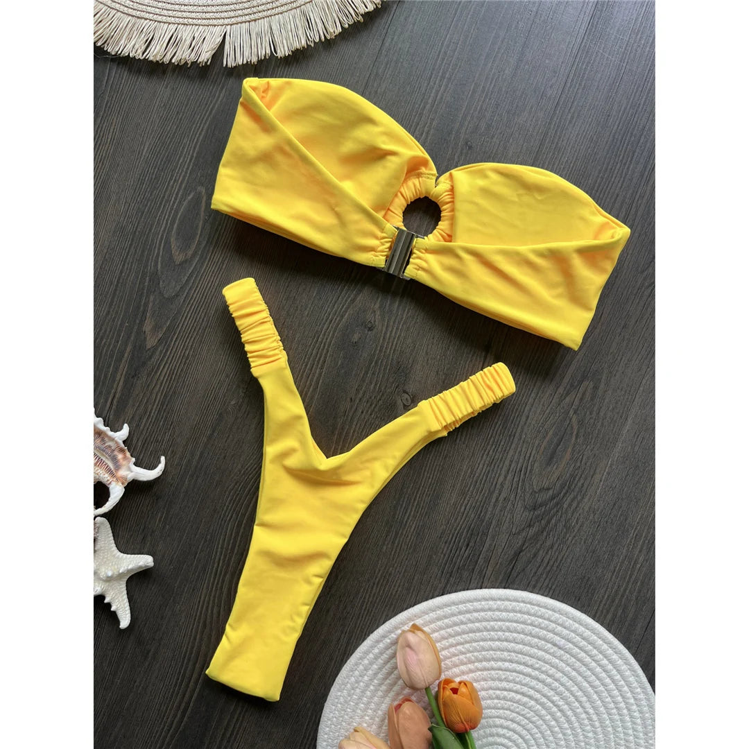 Wrinkled Bandeau High Cut Mini Thong Bikini Female Swimsuit Women Swimwear Two-Pieces Bikini Set Bather Bathing Suit Swim V6085