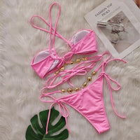 Sexy Diamond Rhinestones Wrap Around Bikini Female Swimsuit Women Swimwear Two-Pieces Bikini Set Bather Bathing Suit Swim V5167
