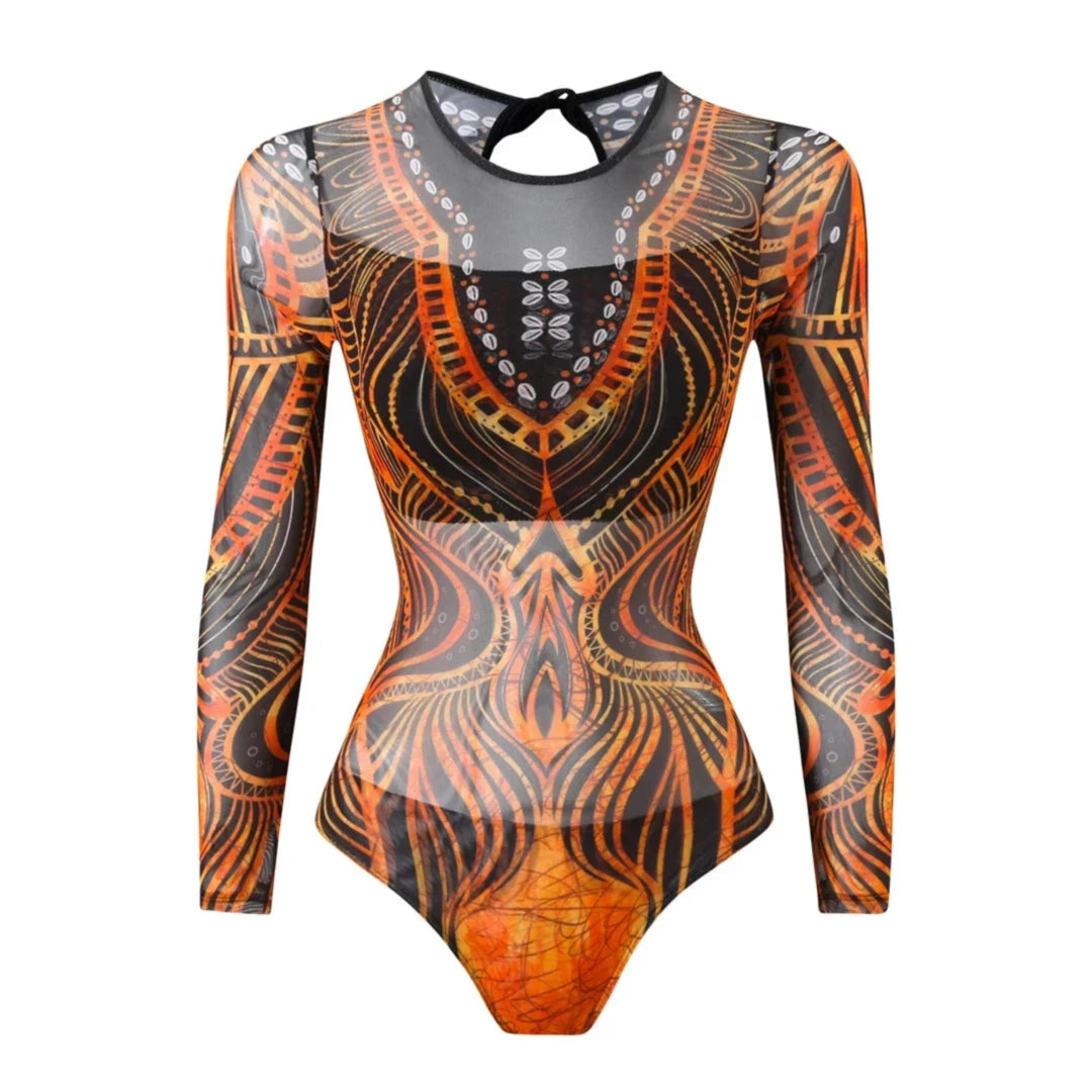 Maillot de bain une pièce manches longues orange à motifs noirs, body posé à plat de face, col rond et tissu transparent