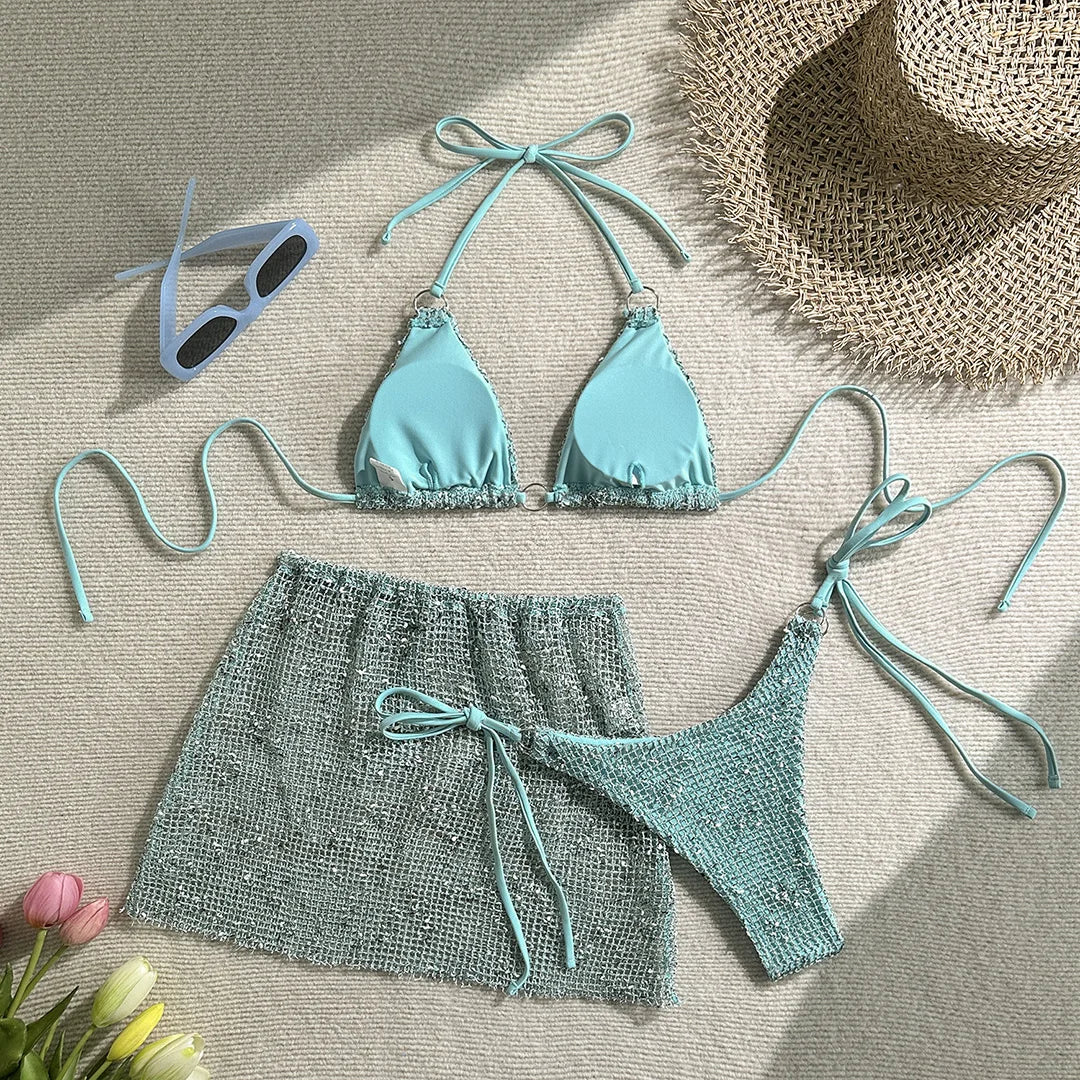 3PCS With Hollow Out Skirt Halter Bikini Female Swimsuit Women Swimwear Three-Pieces Bikini Set Bather Bathing Suit Swim V6451