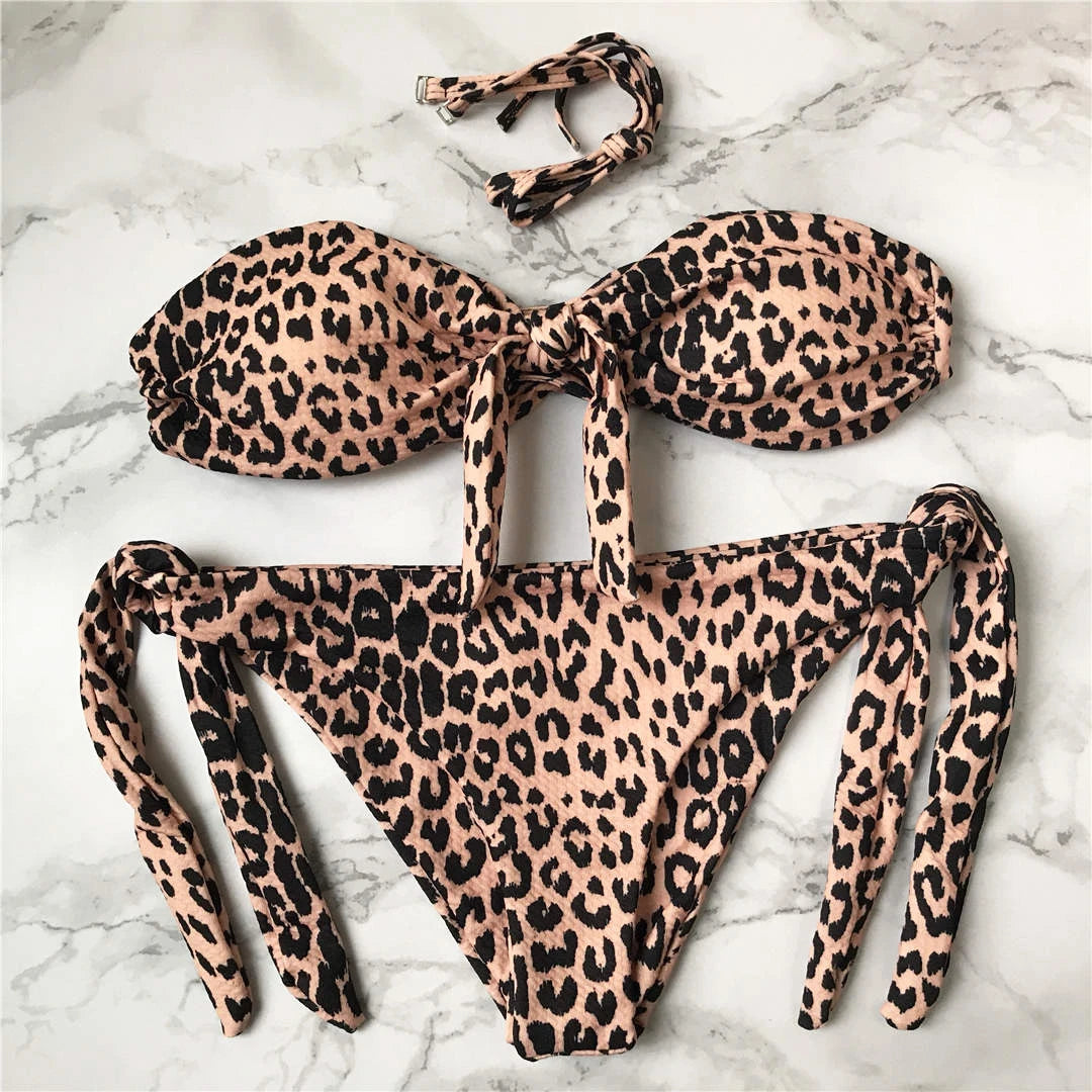 Sexy Leopard Polka Dot Knotted Brazilian Bikini Women Swimwear Female Swimsuit Two-Pieces Bikini Set Bather Bathing Suit V643