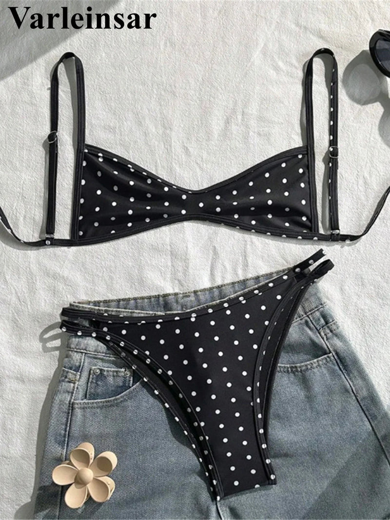 S - XL Polka Dot V Neck Bikini Women Swimwear Female Swimsuit Two-Pieces Bikini Set High Leg Cut Bather Bathing Suit Swim V8147