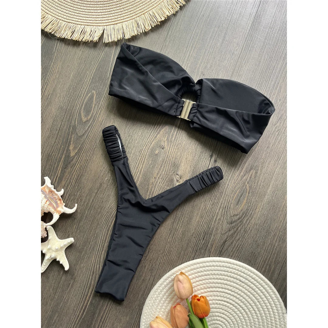 Wrinkled Bandeau High Cut Mini Thong Bikini Female Swimsuit Women Swimwear Two-Pieces Bikini Set Bather Bathing Suit Swim V6085