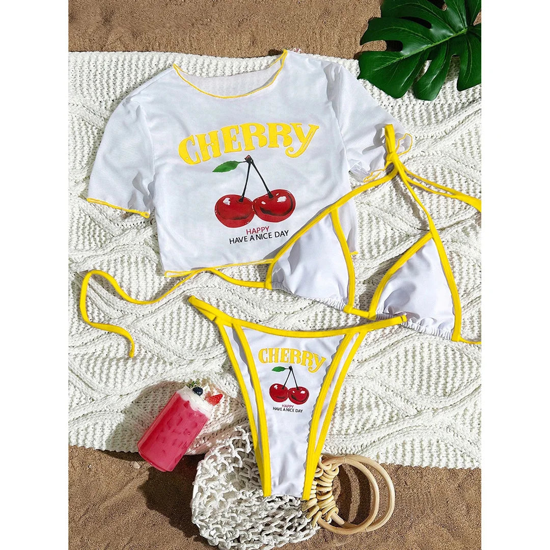 S -XL Cherry Printed Short Sleeve Bikini Female Swimsuit Women Swimwear Three-Pieces Bikini Set Bather Bathing Suit Swim V6854