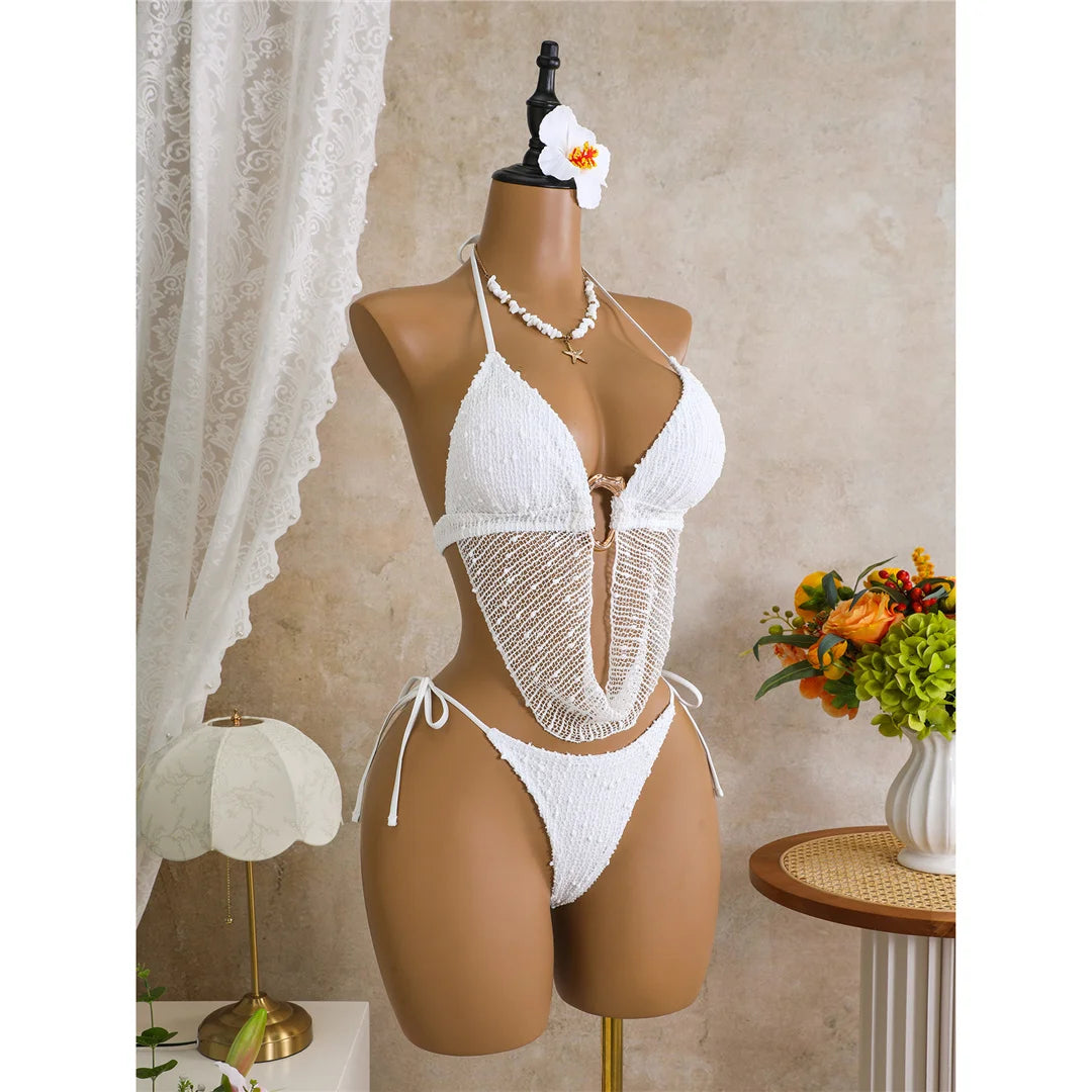 New Hollow Out Tankini Halter Bikini Female Swimsuit Women Swimwear Two-Pieces Bikini Set Strappy Bather Bathing Suit Swim V8076