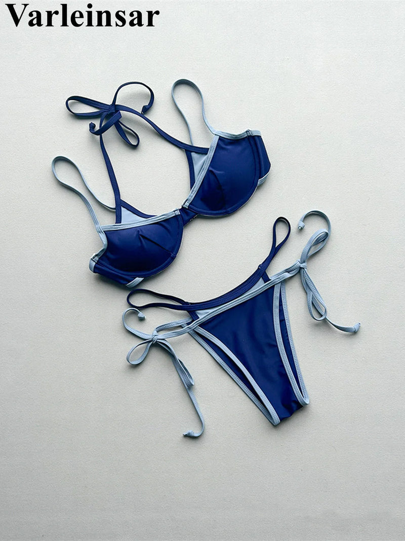 Halter Splicing Bikini Female Swimsuit Women Swimwear Two-Pieces Bikini Set Underwired Strappy Bather Bathing Suit Swim V8173