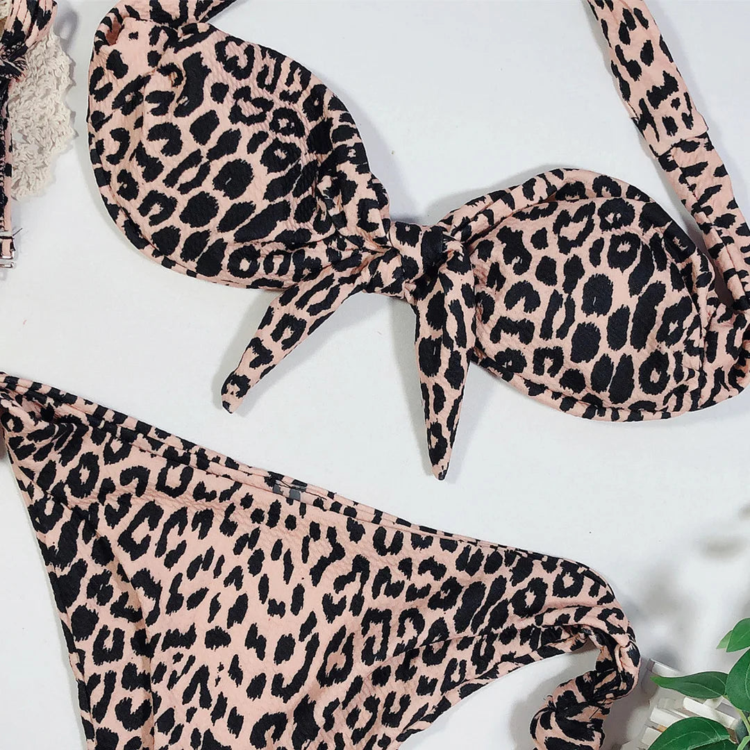 Sexy Leopard Polka Dot Knotted Brazilian Bikini Women Swimwear Female Swimsuit Two-Pieces Bikini Set Bather Bathing Suit V643