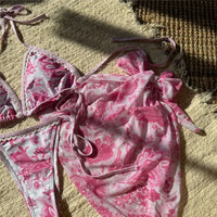 With Sarong Printed Halter Bikini Women Swimwear Female Swimsuit Three-Pieces Bikini Set Padded Bather Bathing Suit Swim V6966