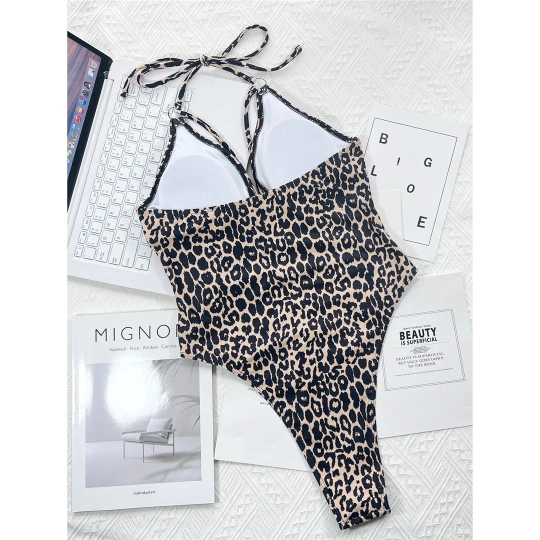 Leopard Metal Rings Halter Cut Out Monokini Women Swimwear One Piece Swimsuit Female High Leg Cut Bather Bathing Suit Swim V3752