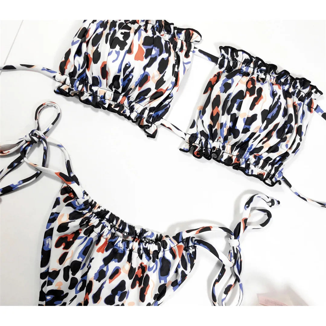 Sexy Leopard Bandeau Brazilian Bikini Swimsuit Female Swimwear Women Two-Pieces Bikini Set Pleated Bather Bathing Suit V1242L
