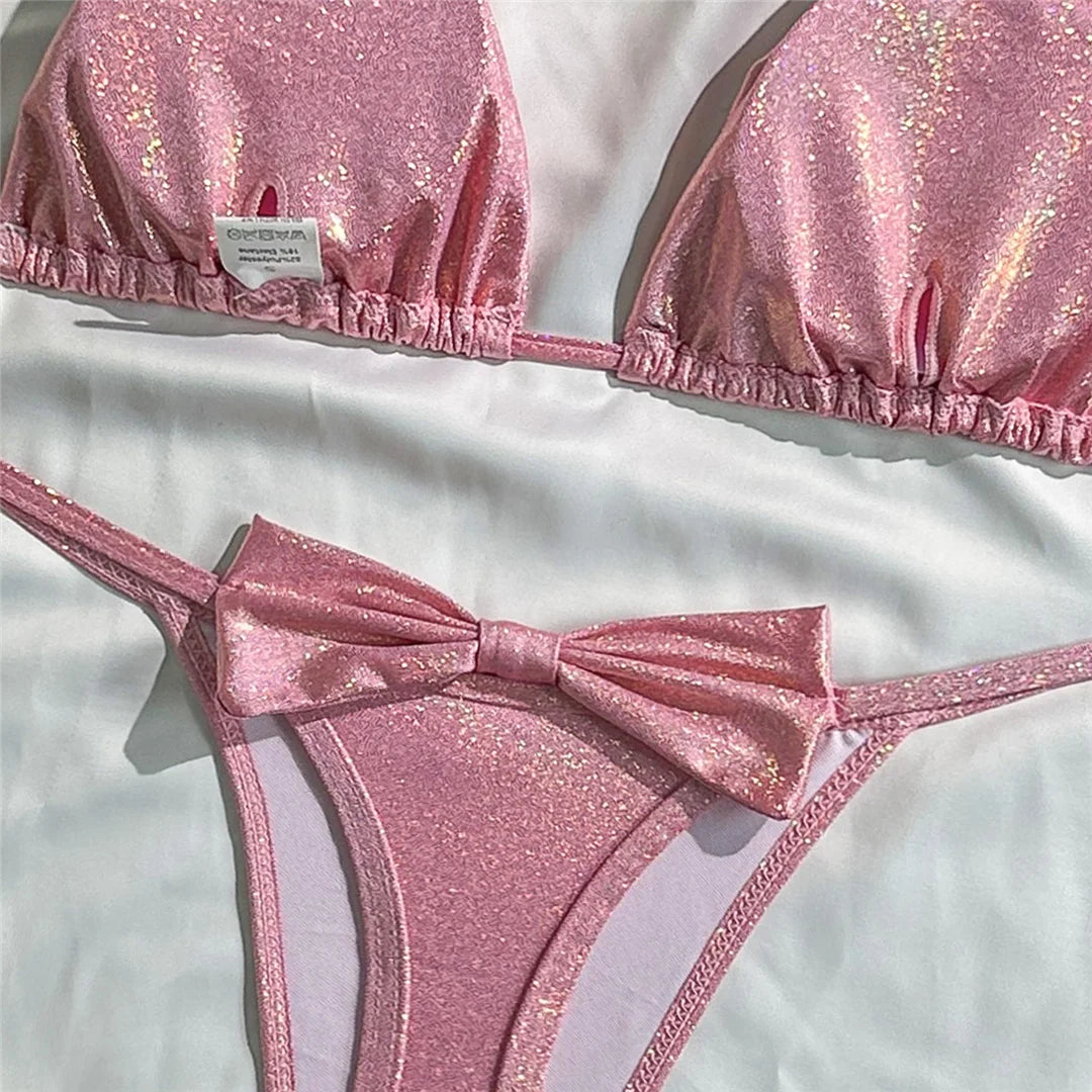 Glitter Sparkling Bow Halter Bikini Female Swimsuit Women Swimwear Two-Pieces Bikini Set Padded Bather Bathing Suit Swim V7567