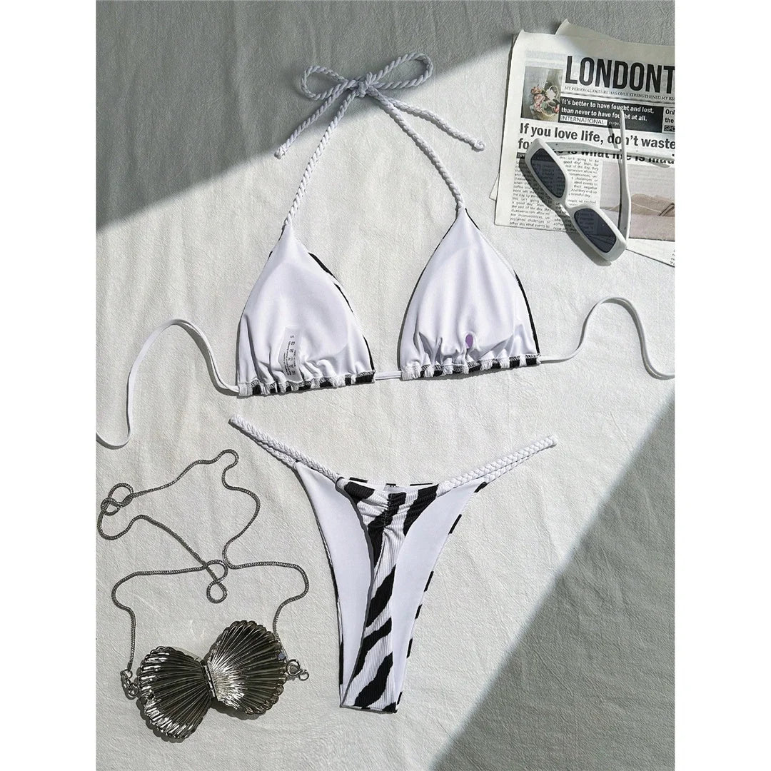 XS - L Zebra Halter Mini Thong Bikini Women Swimwear Female Swimsuit Two-Pieces Bikini Set Padded Bather Bathing Suit Swim V6759