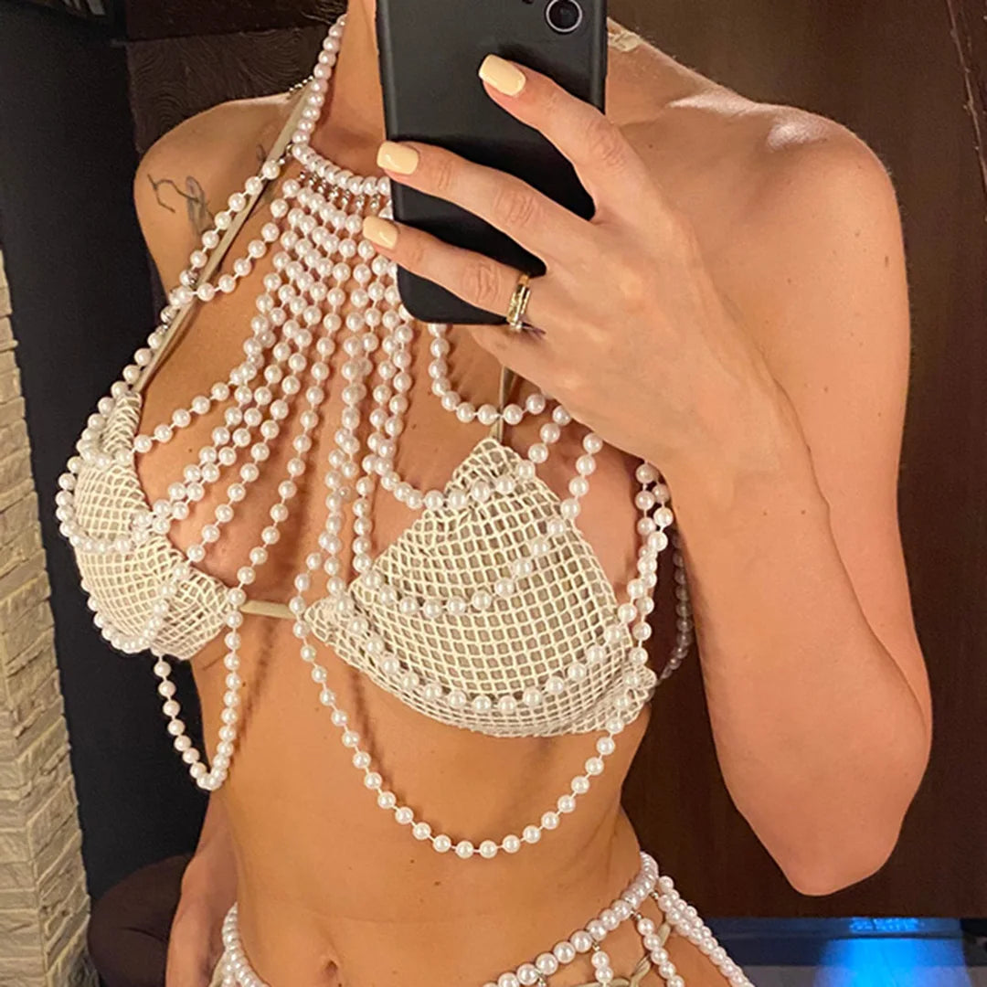 Luxury Pearls Halter See Through Bikini Top Female Swimsuit Women Swimwear Bather Bathing Suit Swim Hollow Out Beach Top V5407