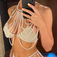 Luxury Pearls Halter See Through Bikini Top Female Swimsuit Women Swimwear Bather Bathing Suit Swim Hollow Out Beach Top V5407