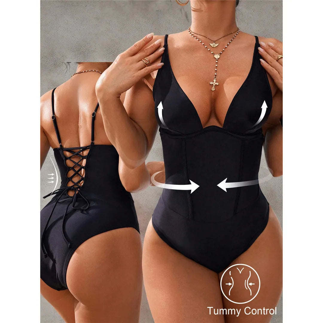 S - XL V Neck Tummy Control Women Swimwear One Piece Swimsuit Female Lace Up High Leg Cut Padded Bather Bathing Suit Swim V7547