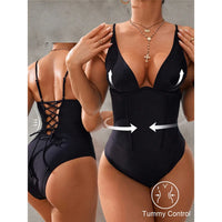 S - XL V Neck Tummy Control Women Swimwear One Piece Swimsuit Female Lace Up High Leg Cut Padded Bather Bathing Suit Swim V7547