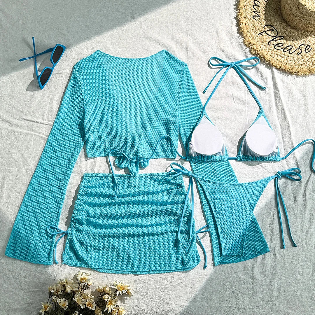2026 Long Sleeve With Skirt Halter Bikini Women Swimwear Female Swimsuit Four-pieces Bikini set Bather Bathing Suit Swim V6358