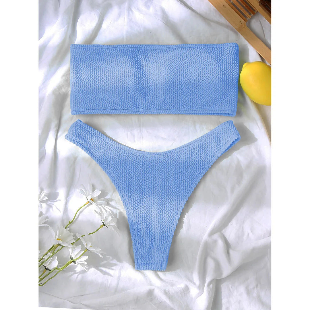 Bandeau Strapless Wrinkled Crinkled Bikini Women Swimwear Female Swimsuit Two-Pieces Bikini Set Bather Bathing Suit Swim V3314B