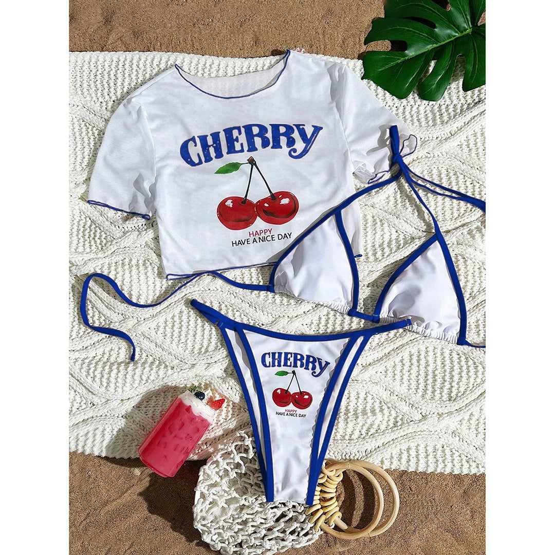 S -XL Cherry Printed Short Sleeve Bikini Female Swimsuit Women Swimwear Three-Pieces Bikini Set Bather Bathing Suit Swim V6854