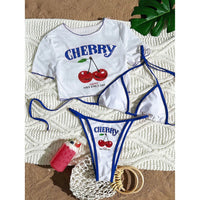S -XL Cherry Printed Short Sleeve Bikini Female Swimsuit Women Swimwear Three-Pieces Bikini Set Bather Bathing Suit Swim V6854