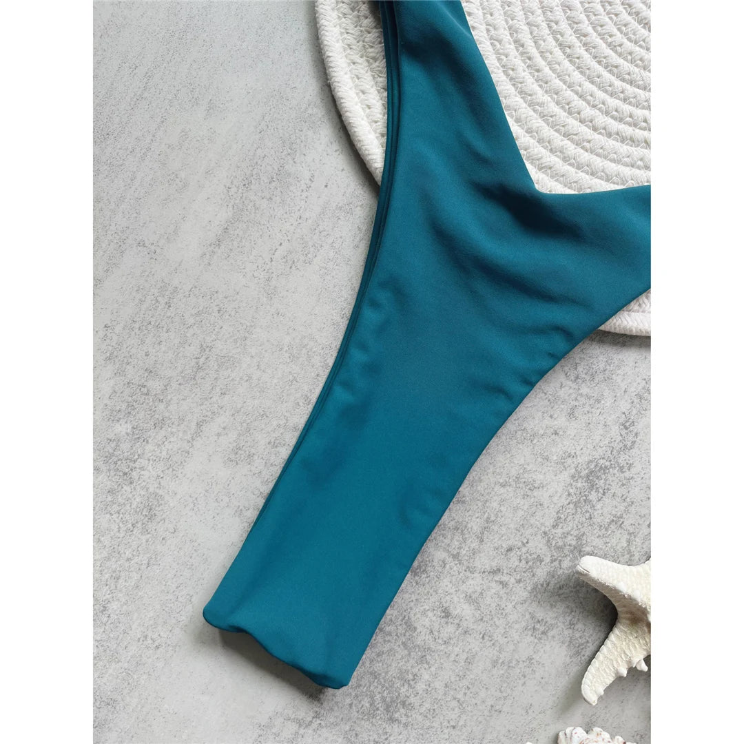 Wrinkled Bandeau High Cut Mini Thong Bikini Female Swimsuit Women Swimwear Two-Pieces Bikini Set Bather Bathing Suit Swim V6085