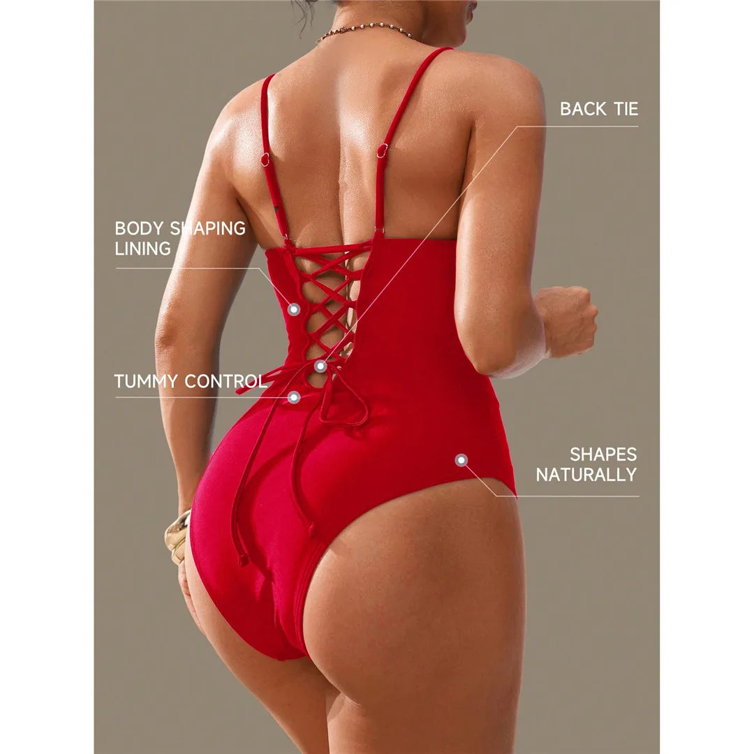 S - XL V Neck Tummy Control Women Swimwear One Piece Swimsuit Female Lace Up High Leg Cut Padded Bather Bathing Suit Swim V7547