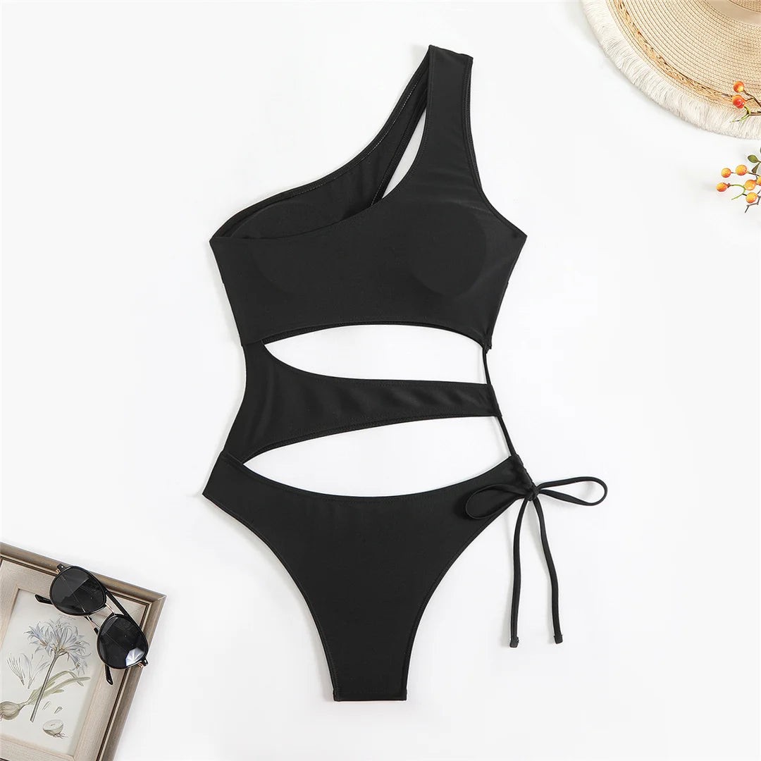 Cut Out Asymmetric One Shoulder One Piece Swimsuit Women Swimwear Female Monokini High Leg Cut Bather Bathing Suit Swim V6254