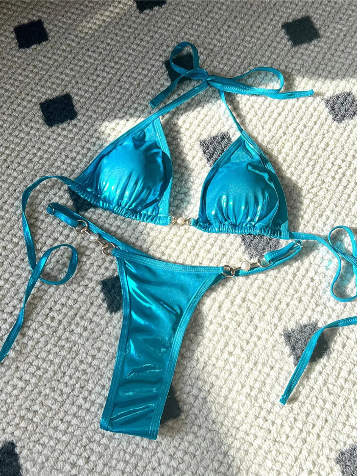 New PU Faux Leather Halter Mini Thong Bikini Female Swimsuit Women Swimwear Two-Pieces Bikini Set Bather Bathing Suit Swim V5206