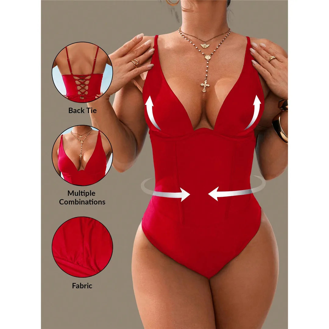 S - XL V Neck Tummy Control Women Swimwear One Piece Swimsuit Female Lace Up High Leg Cut Padded Bather Bathing Suit Swim V7547