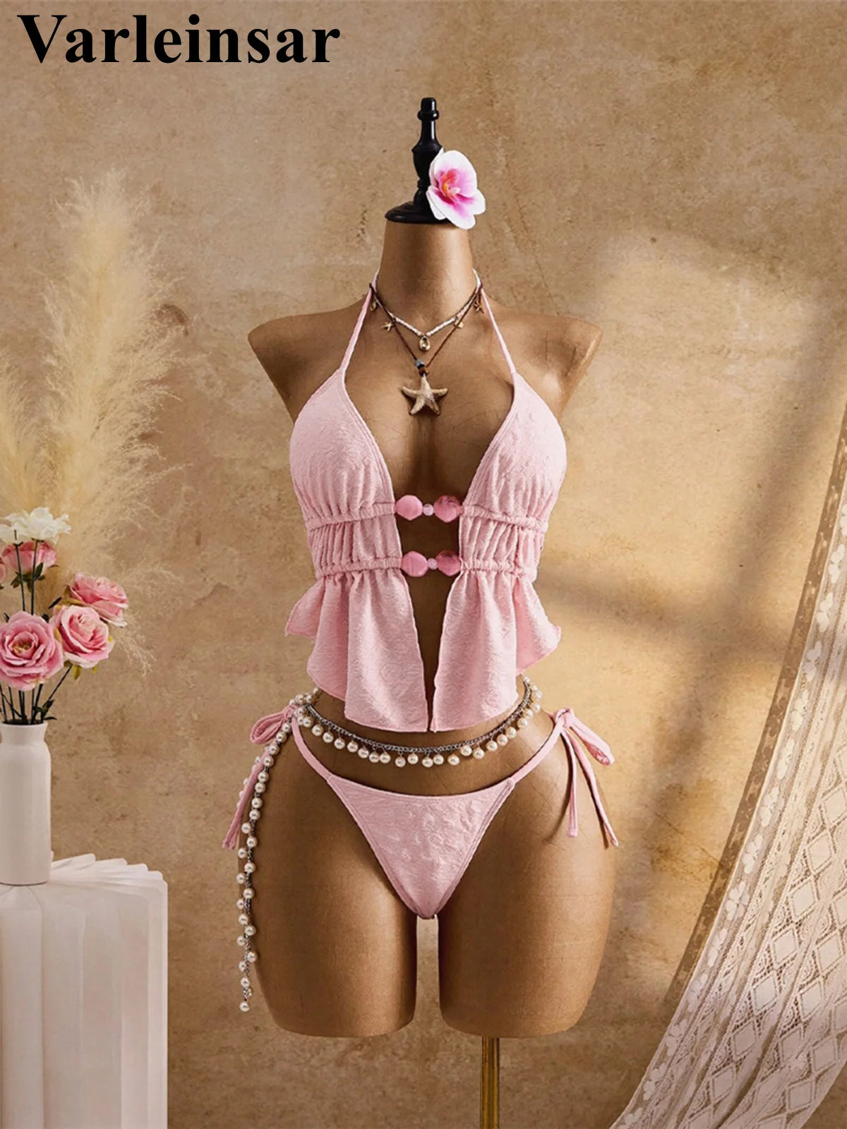 S - XL Wrinkled Bikini Halter Tankini Female Swimsuit Women Swimwear Two-Pieces Bikini Set Padded Bather Bathing Suit Swim V7819