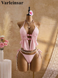 S - XL Wrinkled Bikini Halter Tankini Female Swimsuit Women Swimwear Two-Pieces Bikini Set Padded Bather Bathing Suit Swim V7819