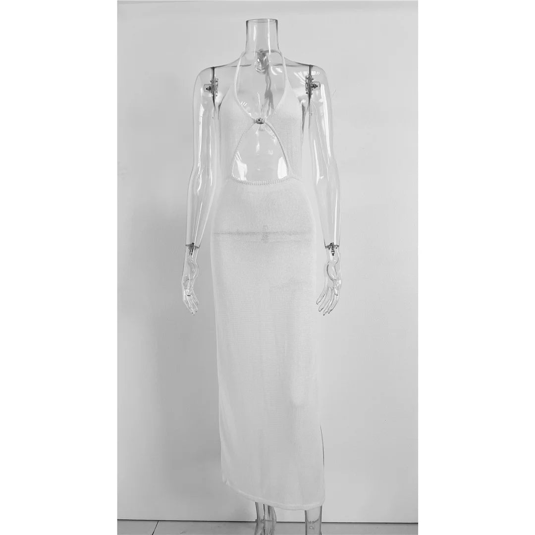 Sexy Knit Halter V Neck Slit Beach Maxi Dress For Women 2026 Chic Cut Out Backless Party Dresses Party Swimwear Cover Up V6164